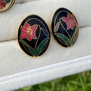 Vintage Cloisonné Pink Lily Floral Flower Clip Earrings